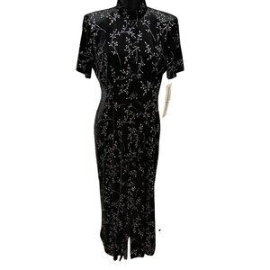 Another Thyme Velvet Maxi‎ Dress 14 Black Floral Glitter Mandarin Collar Formal